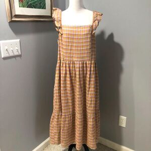 NWT Loft Orange Pink Green Plaid Smocked Midi 100% Cotton Sundress Dress Lg